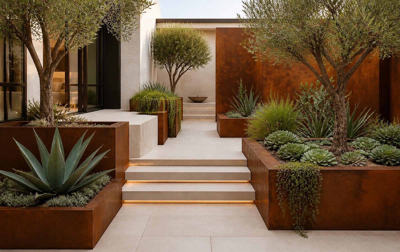 Custom Corten planter boxes in modern courtyard